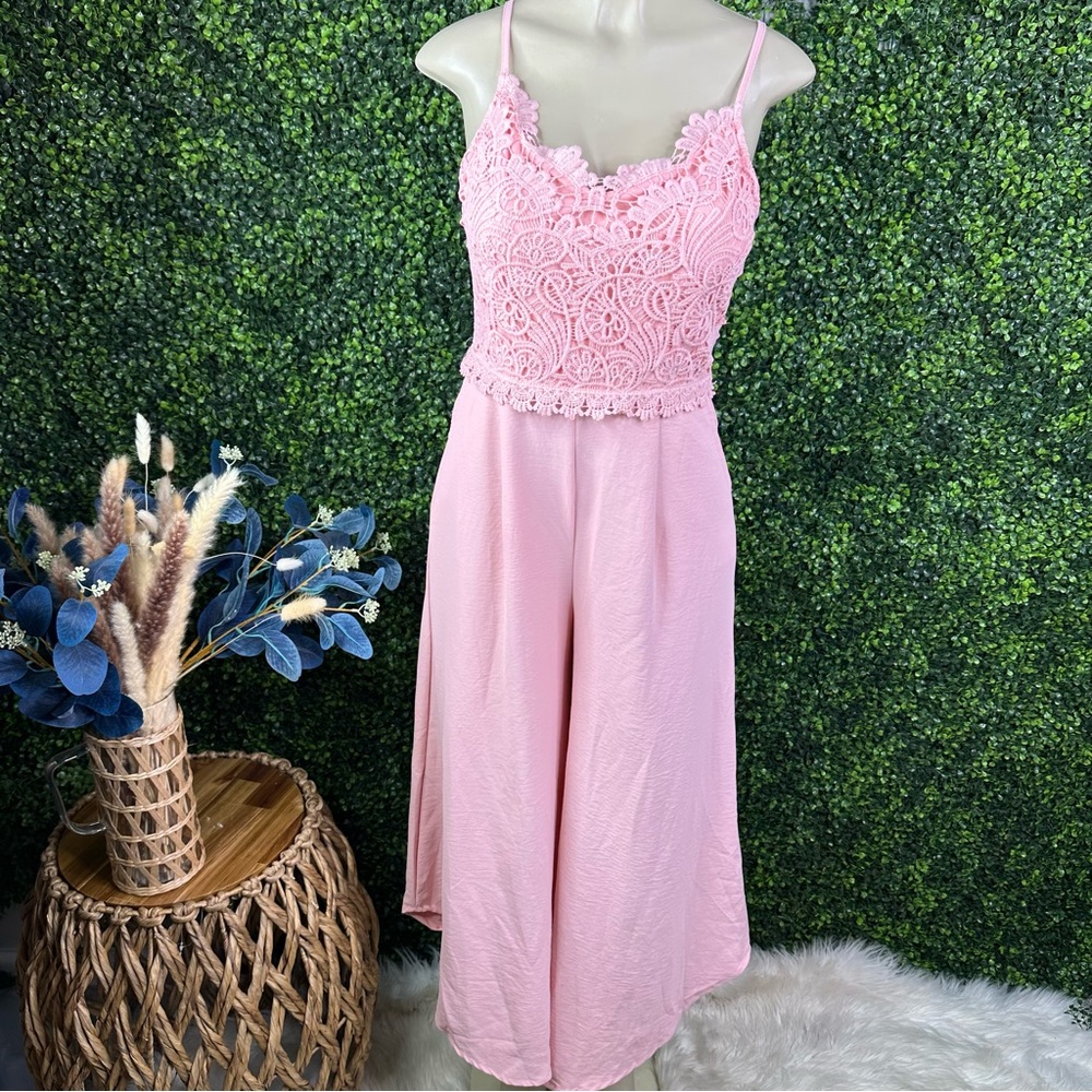 Nwt boutique pink crochet wide leg jumpsuit cotton blend